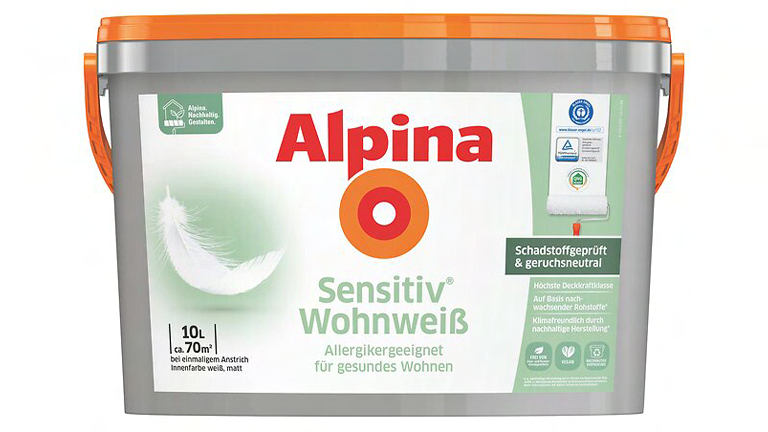 Grauer Eimer mit weißem Logo des Alpina Sensitiv Wohnweiß